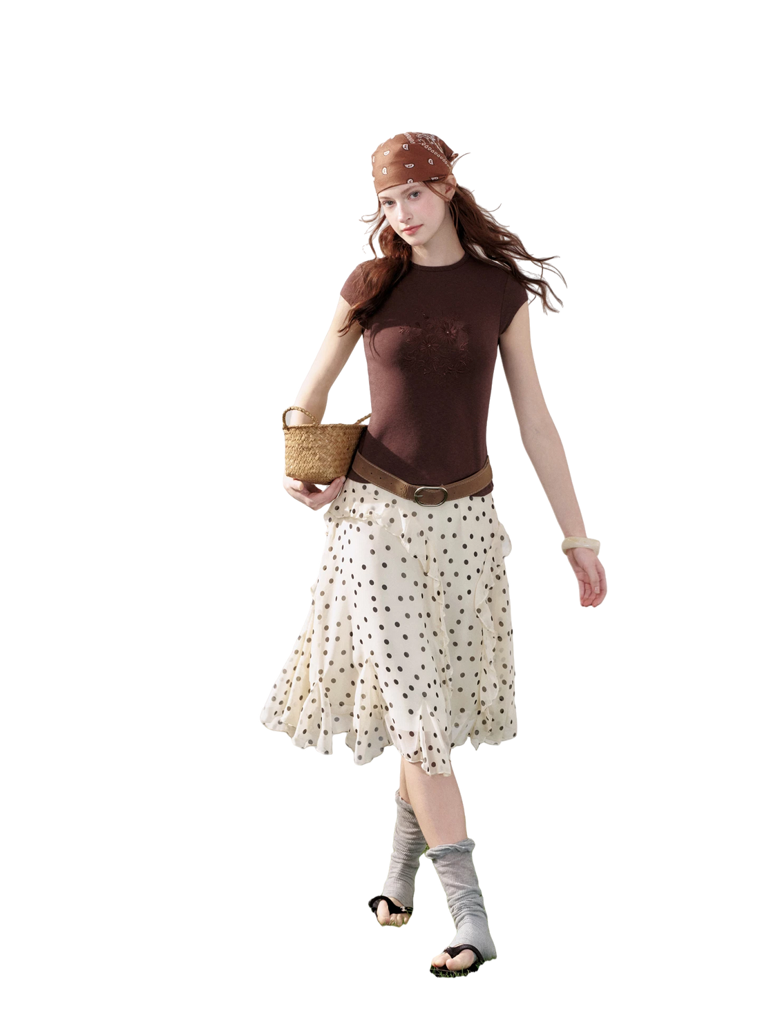 Vintage Polka Dot Colorblock Ruffle Chiffon Midi Skirt