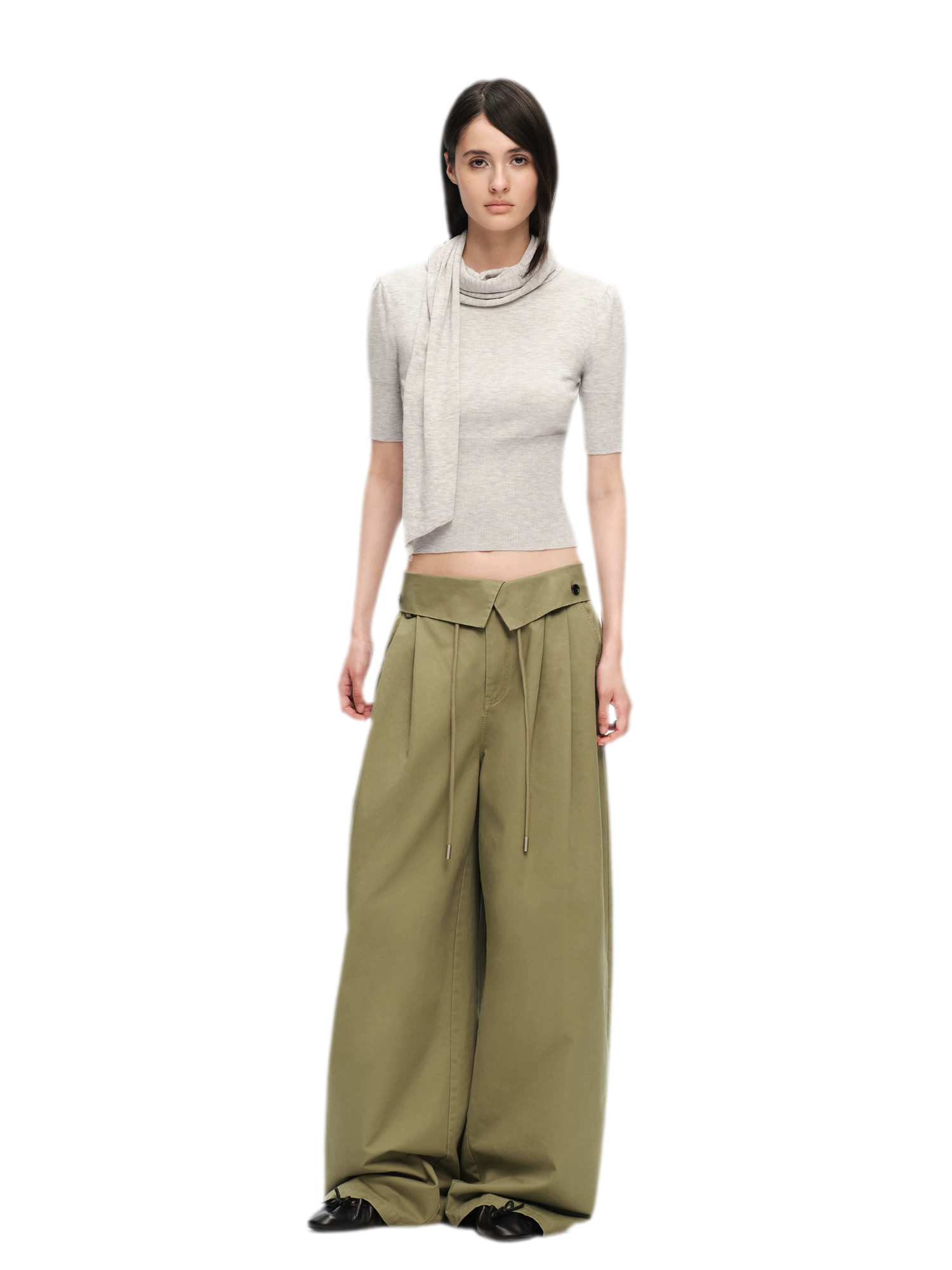 Washed Cross-Waistband Wide-Leg Pants