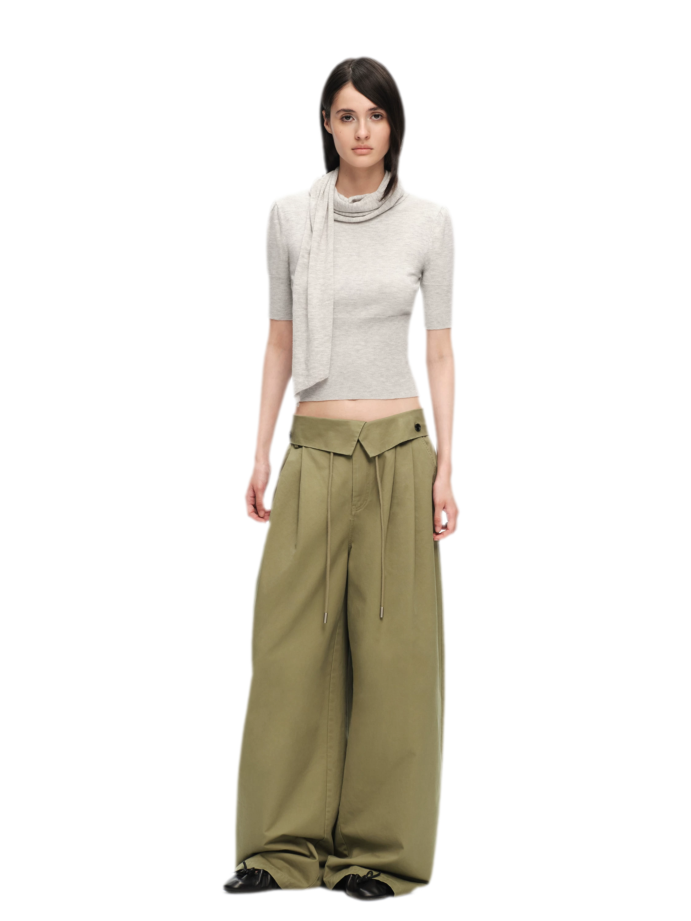 Washed Cross-Waistband Wide-Leg Pants