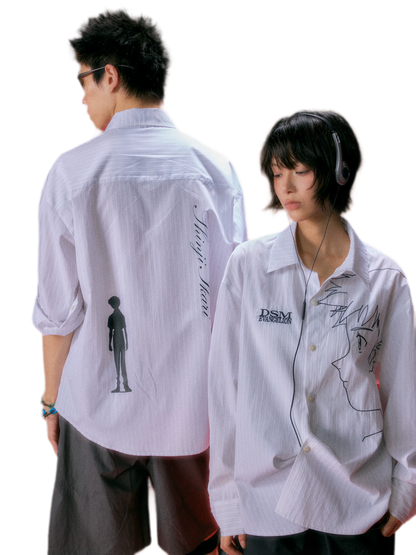 Fine-Stripe Embroidered Graphic Shirt