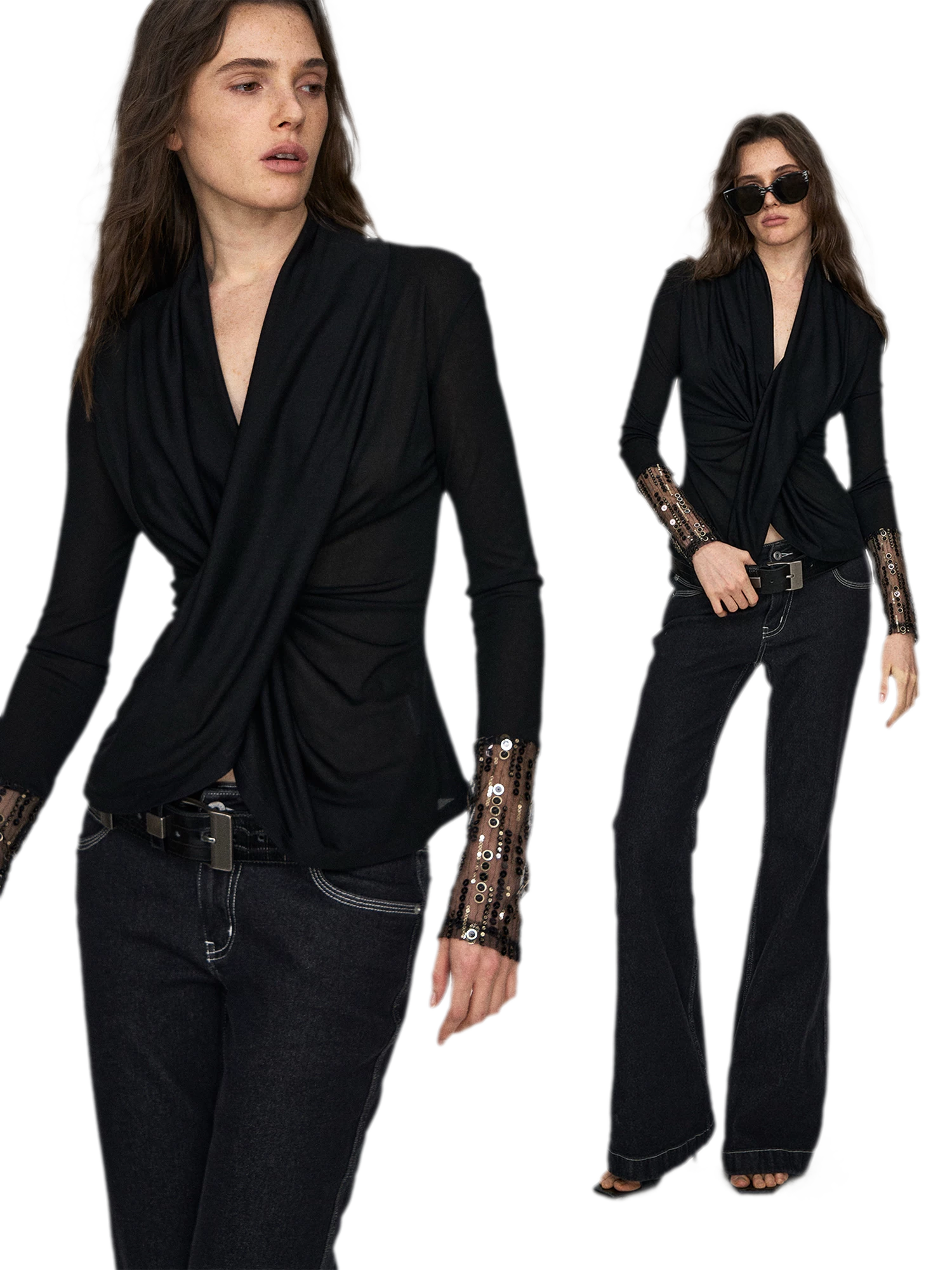 Embroidered Acetate Silk Cross-Knot Long Sleeve T-Shirt