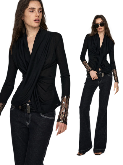 Embroidered Acetate Silk Cross-Knot Long Sleeve T-Shirt