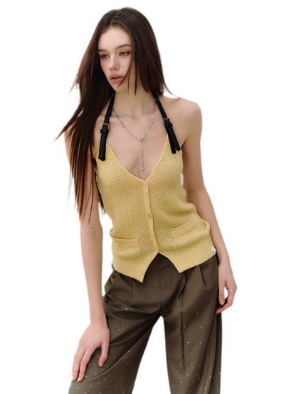 Colorblock Halter V-Neck Linen Knit Vest
