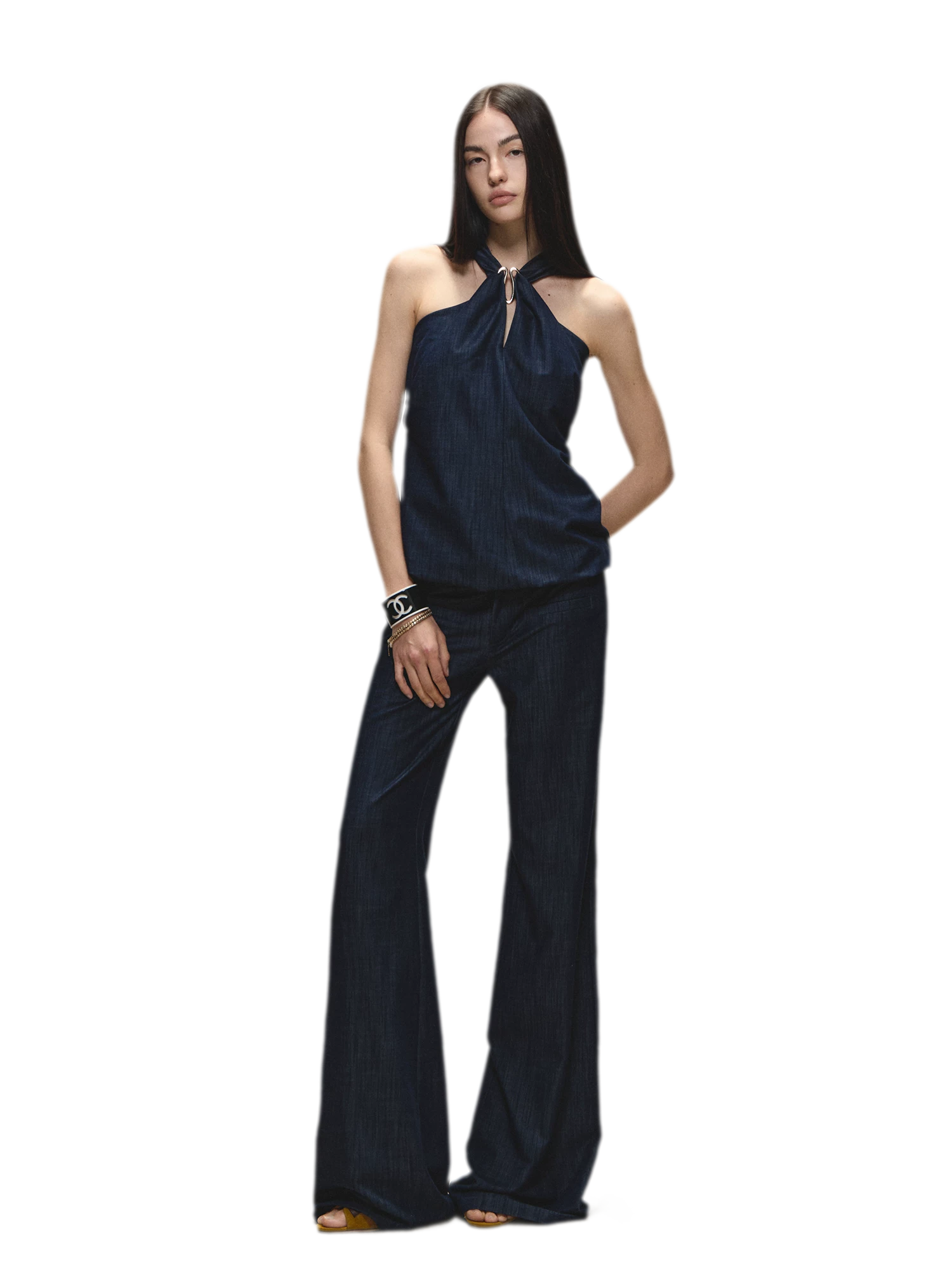 Tencel Denim Blue Hollow Halter Slim Flared Pants