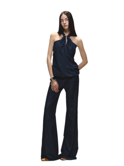 Tencel Denim Blue Hollow Halter Slim Flared Pants
