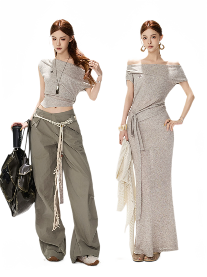 Melange Tie-Waist Skirt Set