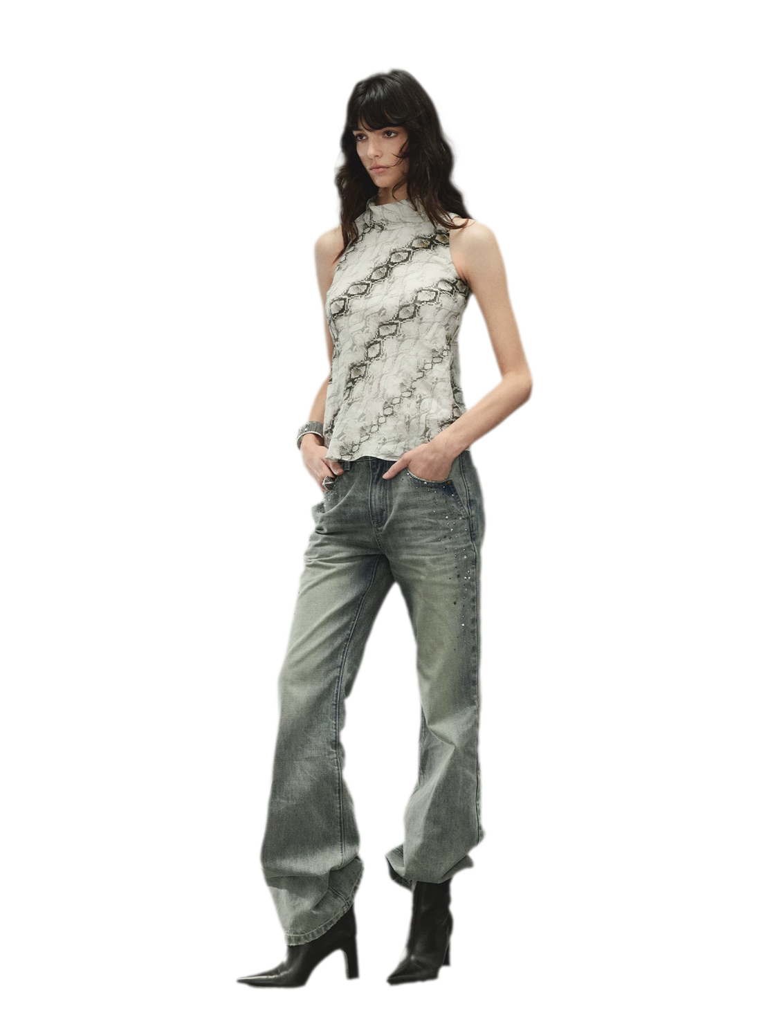 Vintage Washed Low-Rise Straight-Leg Jeans with Colorful Rhinestones