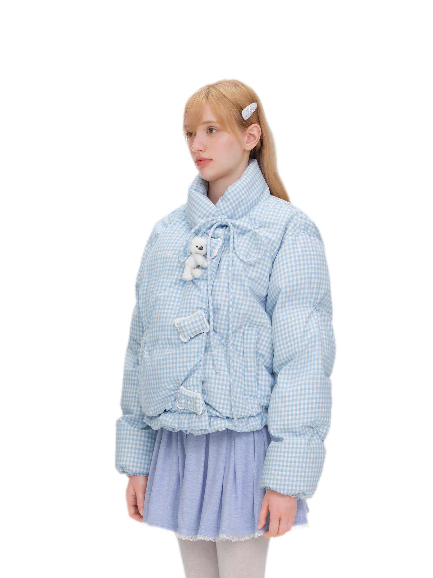 Gingham Puffy Stand-Collar Down Jacket