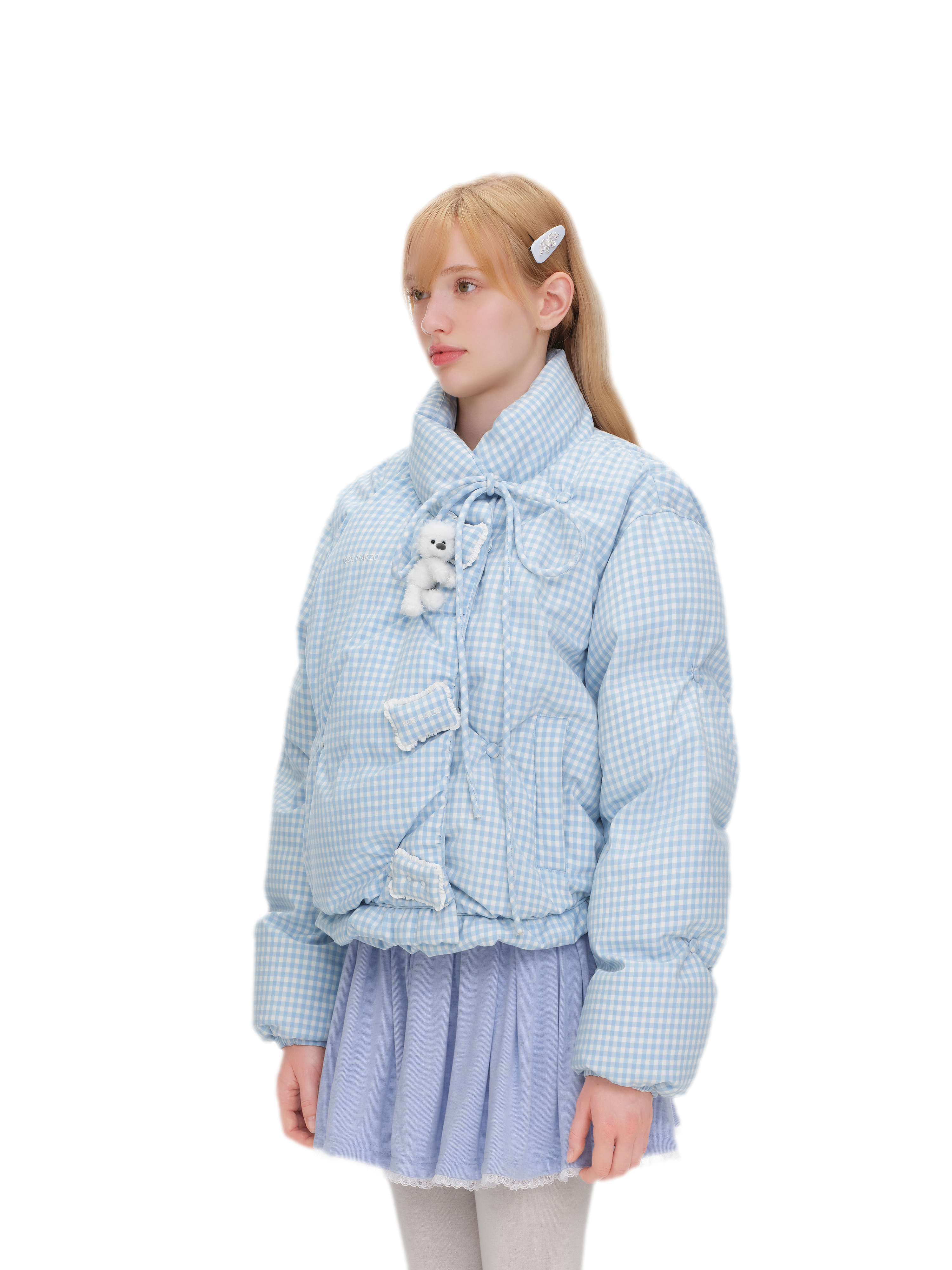 Gingham Puffy Stand-Collar Down Jacket