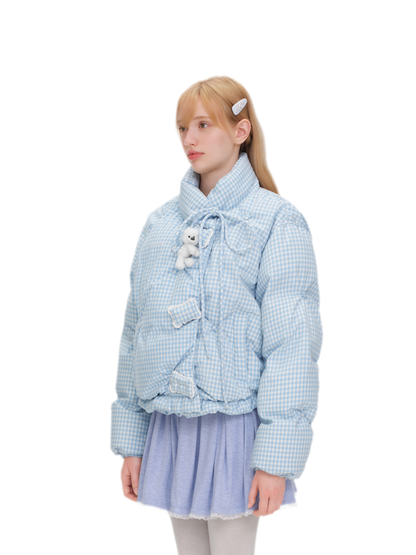 Gingham Puffy Stand-Collar Down Jacket