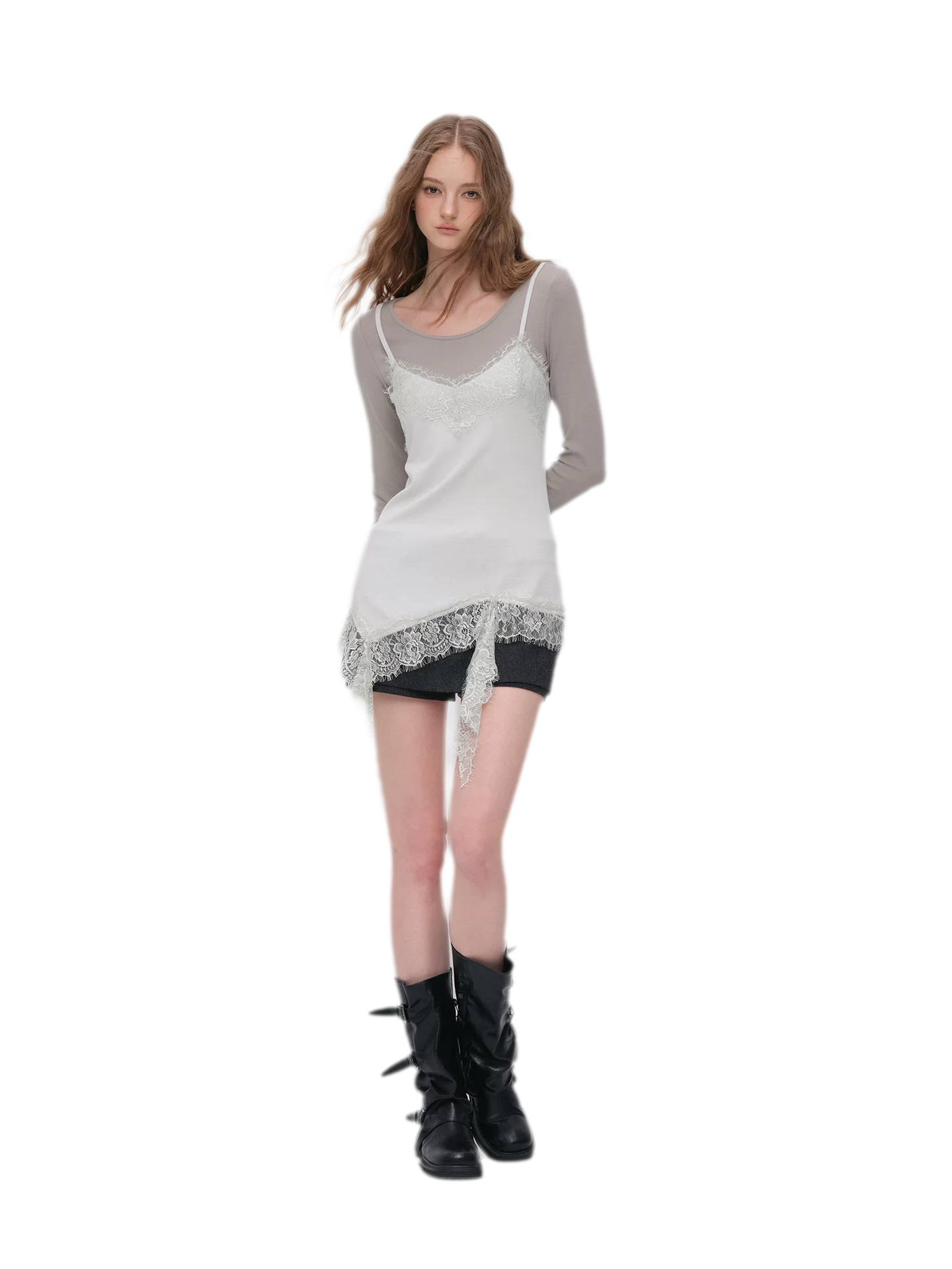 Lace Trim Layered Long-Sleeve Top