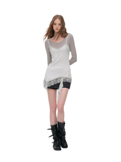 Lace Trim Layered Long-Sleeve Top