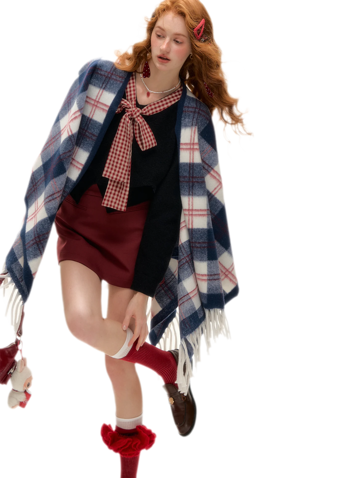 Vintage Plaid Fringed Shawl