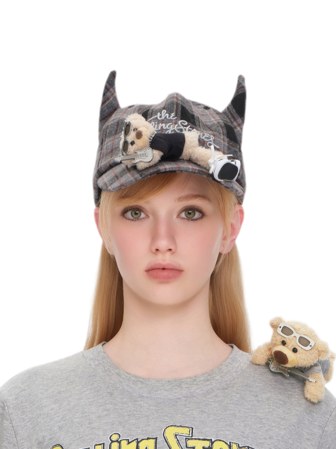 Cappellino ottagonale a quadri con corna da diavolo