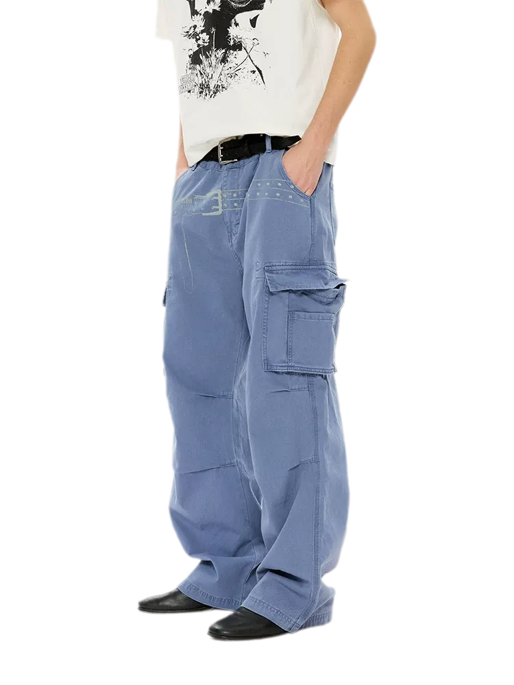 Washed Distressed Wide-Leg Cargo Pants
