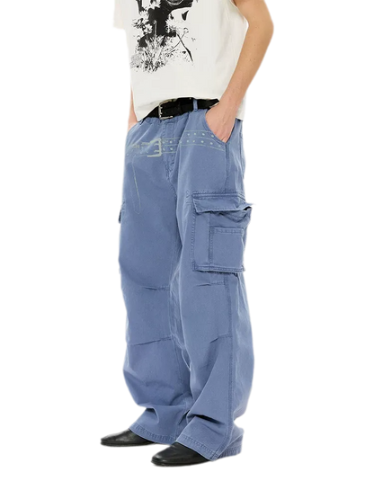 Washed Distressed Wide-Leg Cargo Pants