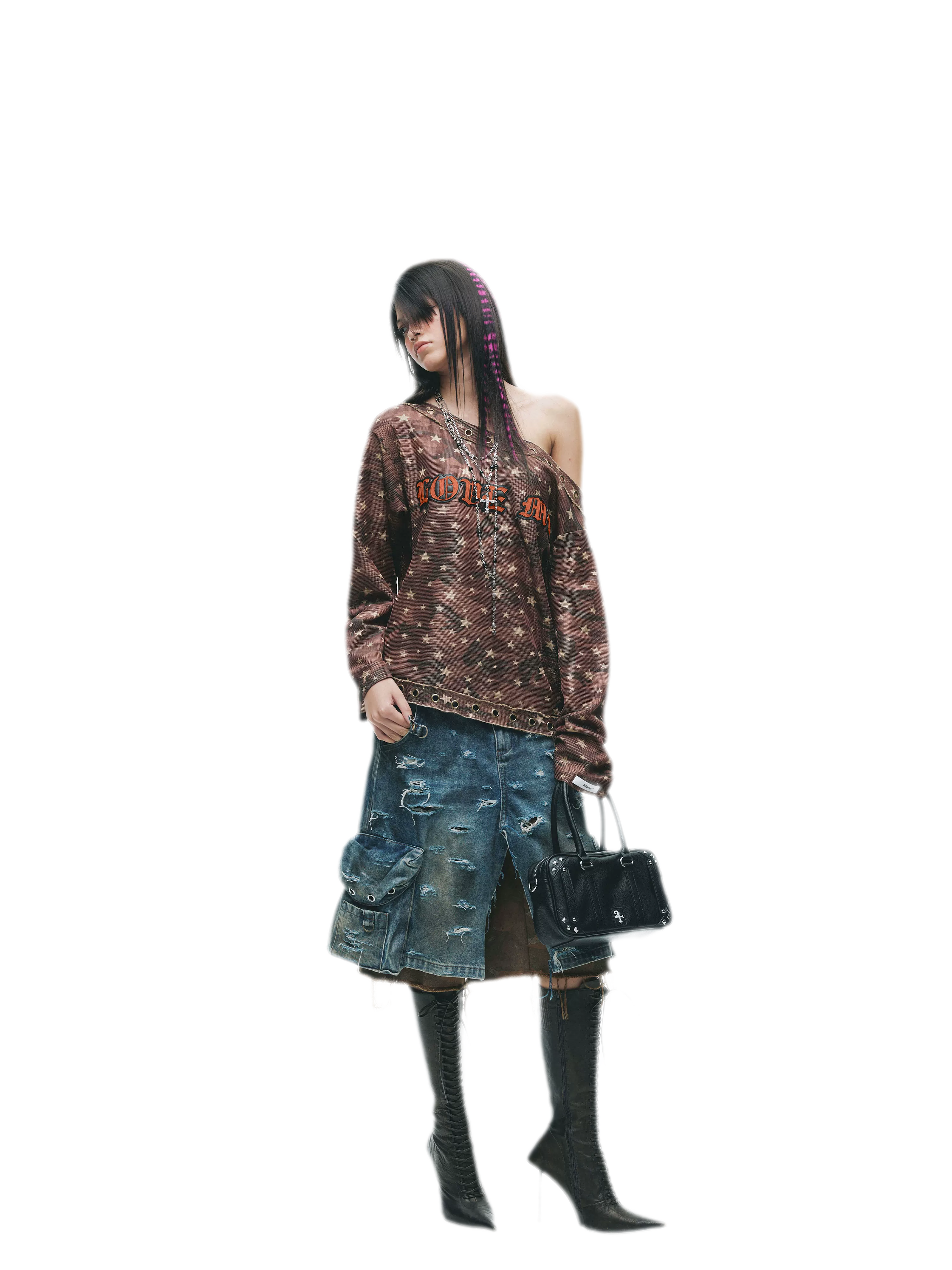Distressed Embroidered Camouflage T-Shirt