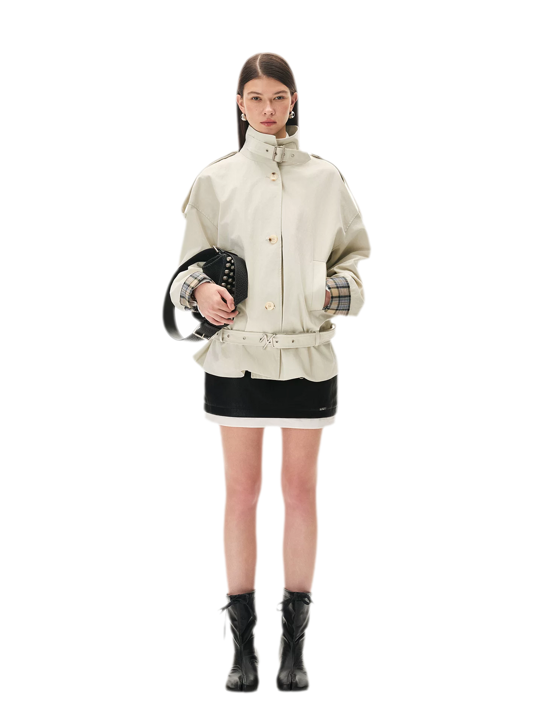 Contrast Plaid Belted Mid-Length Jacket