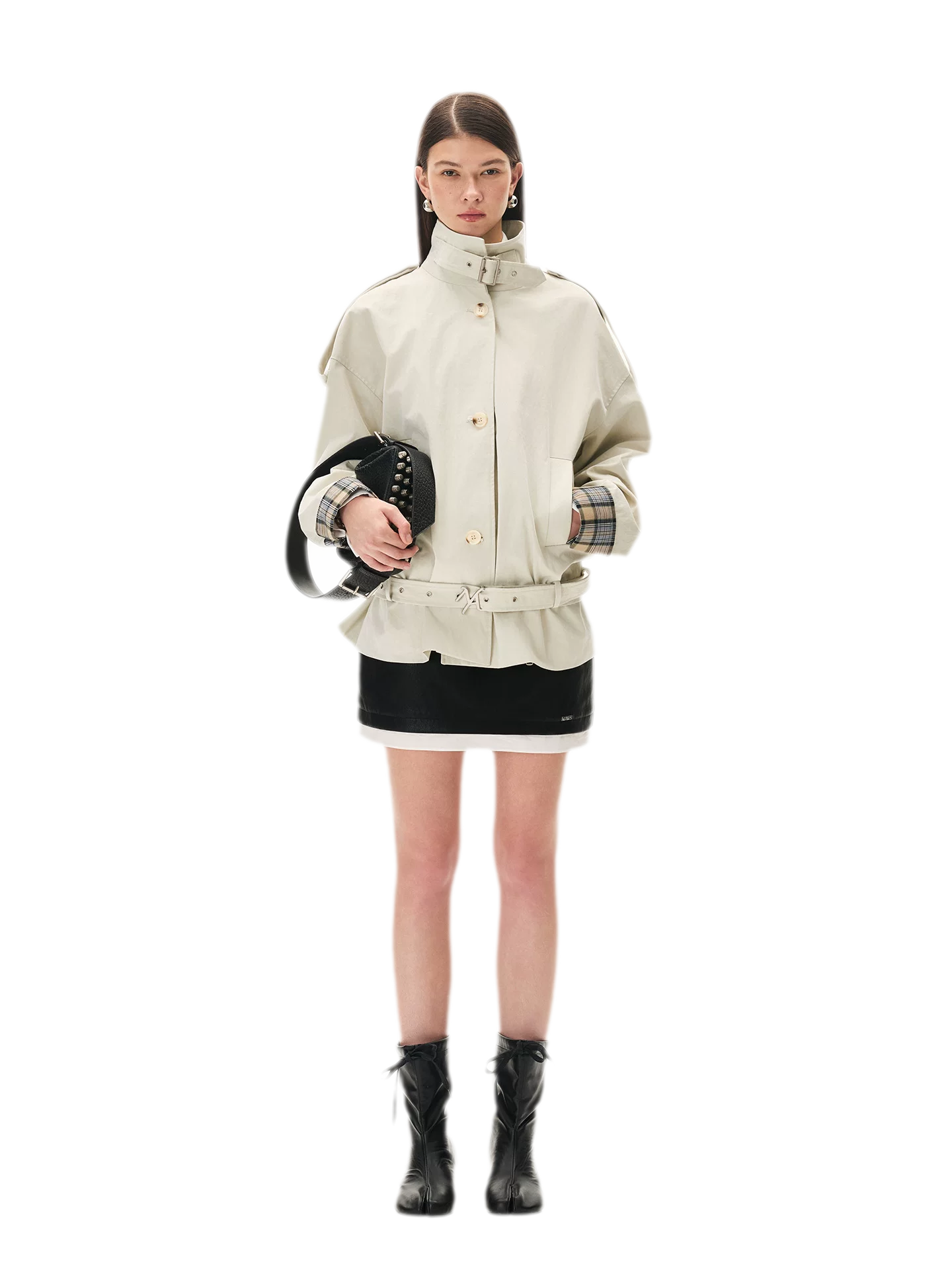 Contrast Plaid Belted Mid-Length Jacket