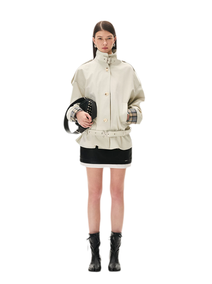 Contrast Plaid Belted Mid-Length Jacket