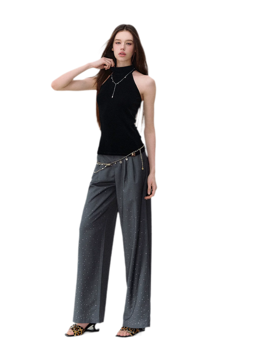 Rhinestone Pleated Waistband Wide-Leg Pants
