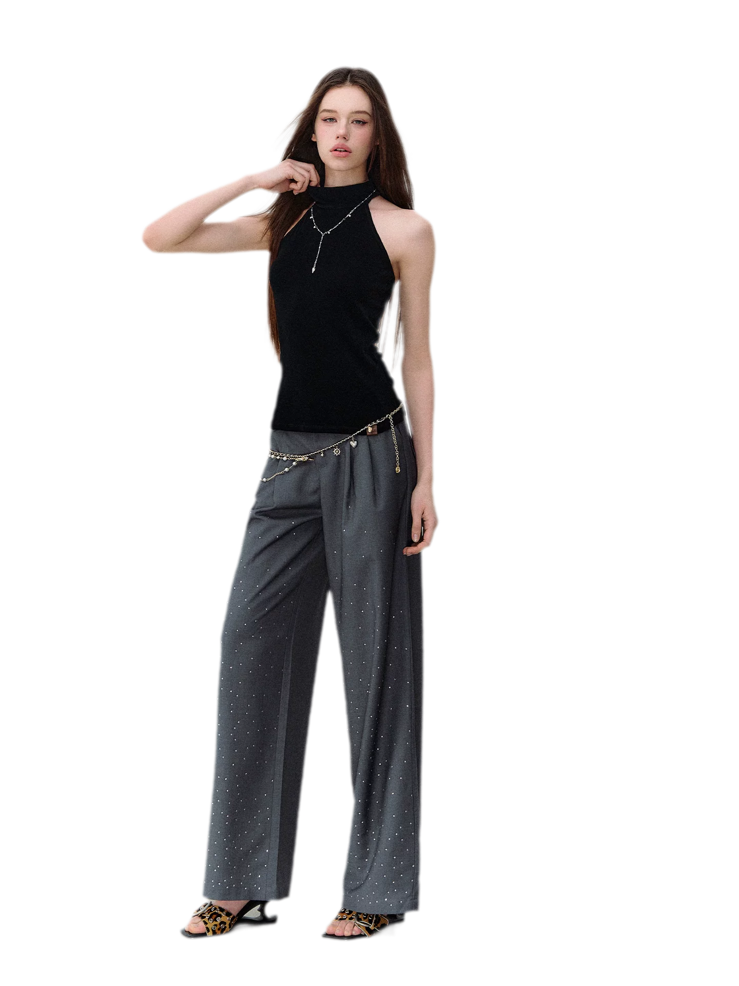 Rhinestone Pleated Waistband Wide-Leg Pants