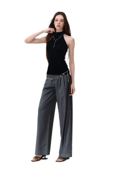 Rhinestone Pleated Waistband Wide-Leg Pants