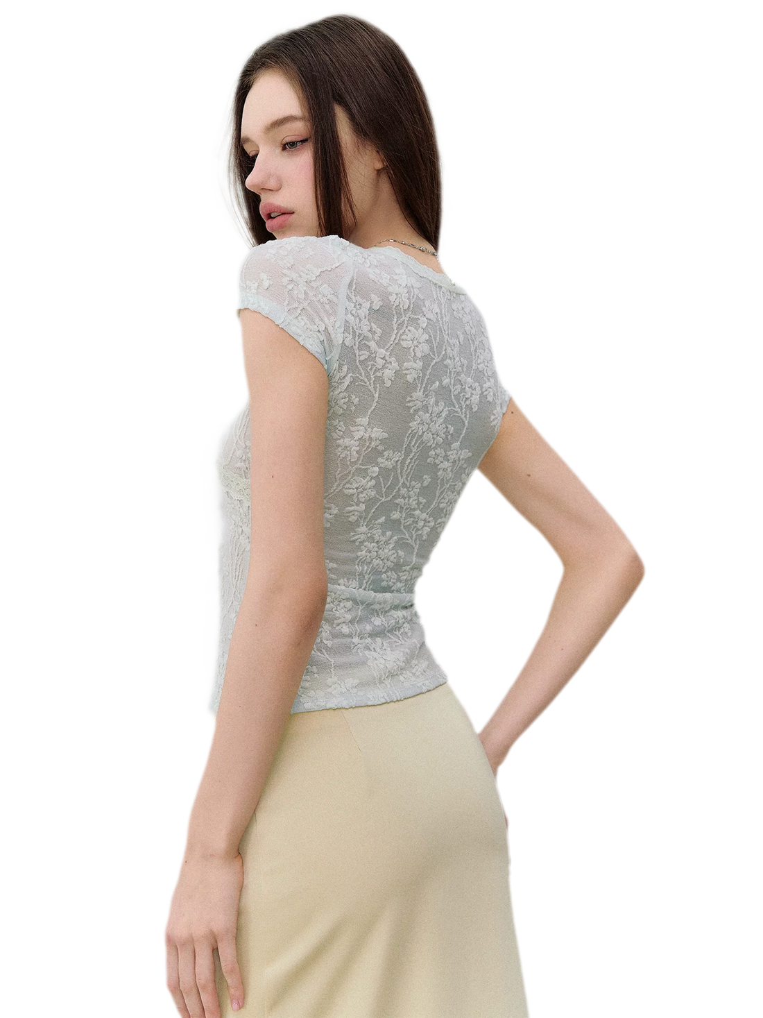 Lace-Trim Jacquard V-Neck Slim T-Shirt