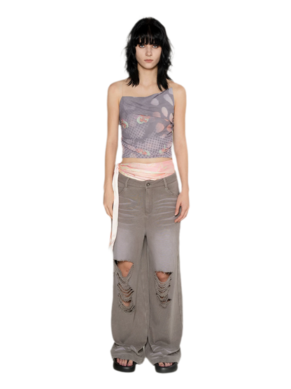 Washed Distressed Straight Pants