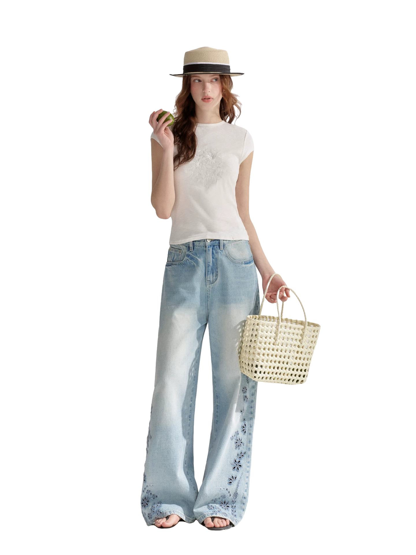 Embroidered Washed Wide-Leg Jeans
