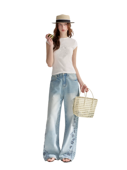 Embroidered Washed Wide-Leg Jeans