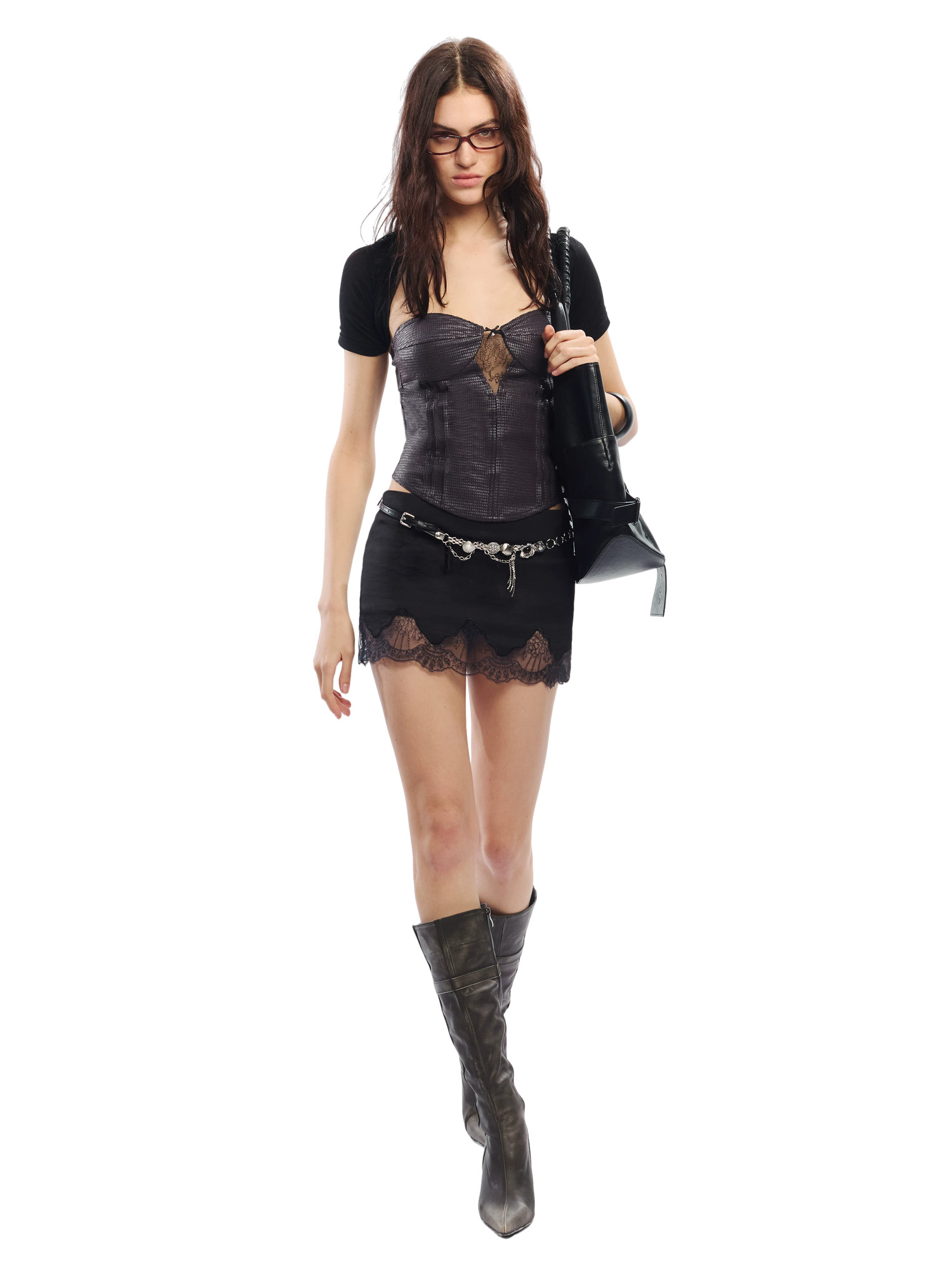 Lace Corset Two-Piece Set with Sheer Mesh