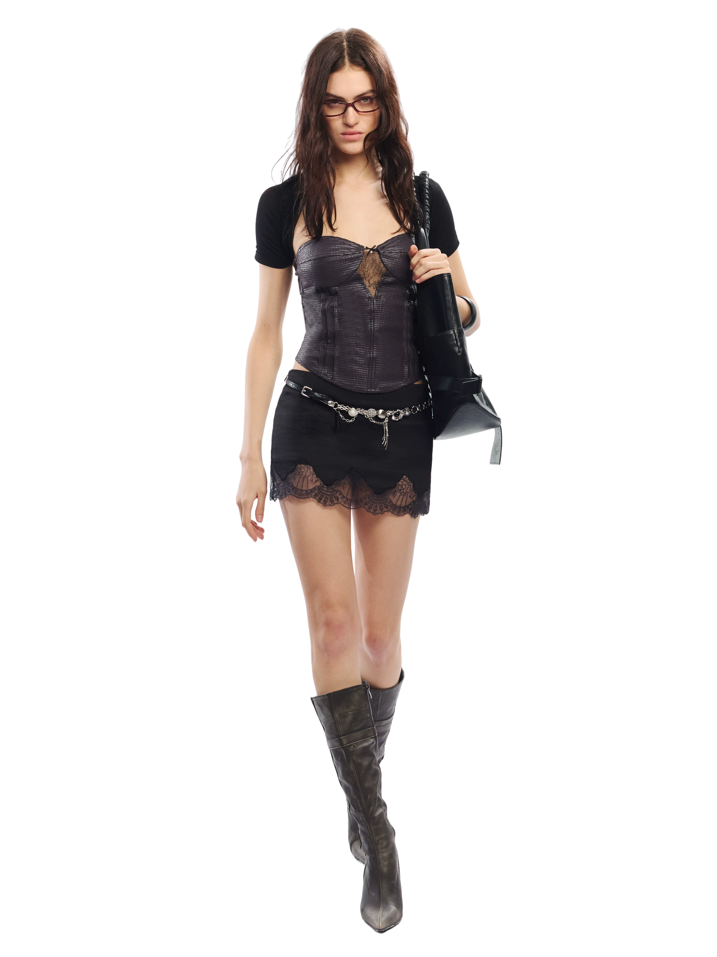 Lace Corset Two-Piece Set with Sheer Mesh