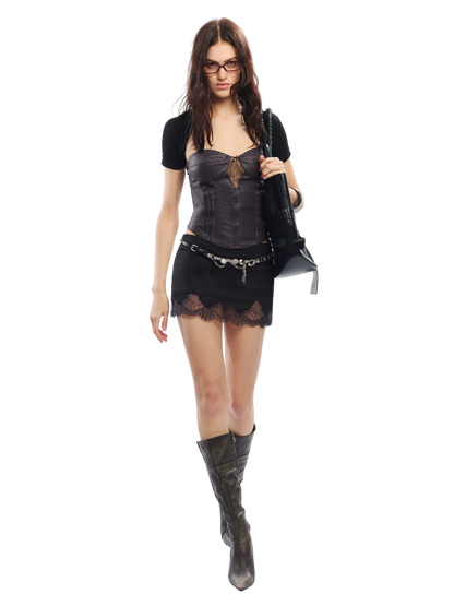 Lace Corset Two-Piece Set with Sheer Mesh