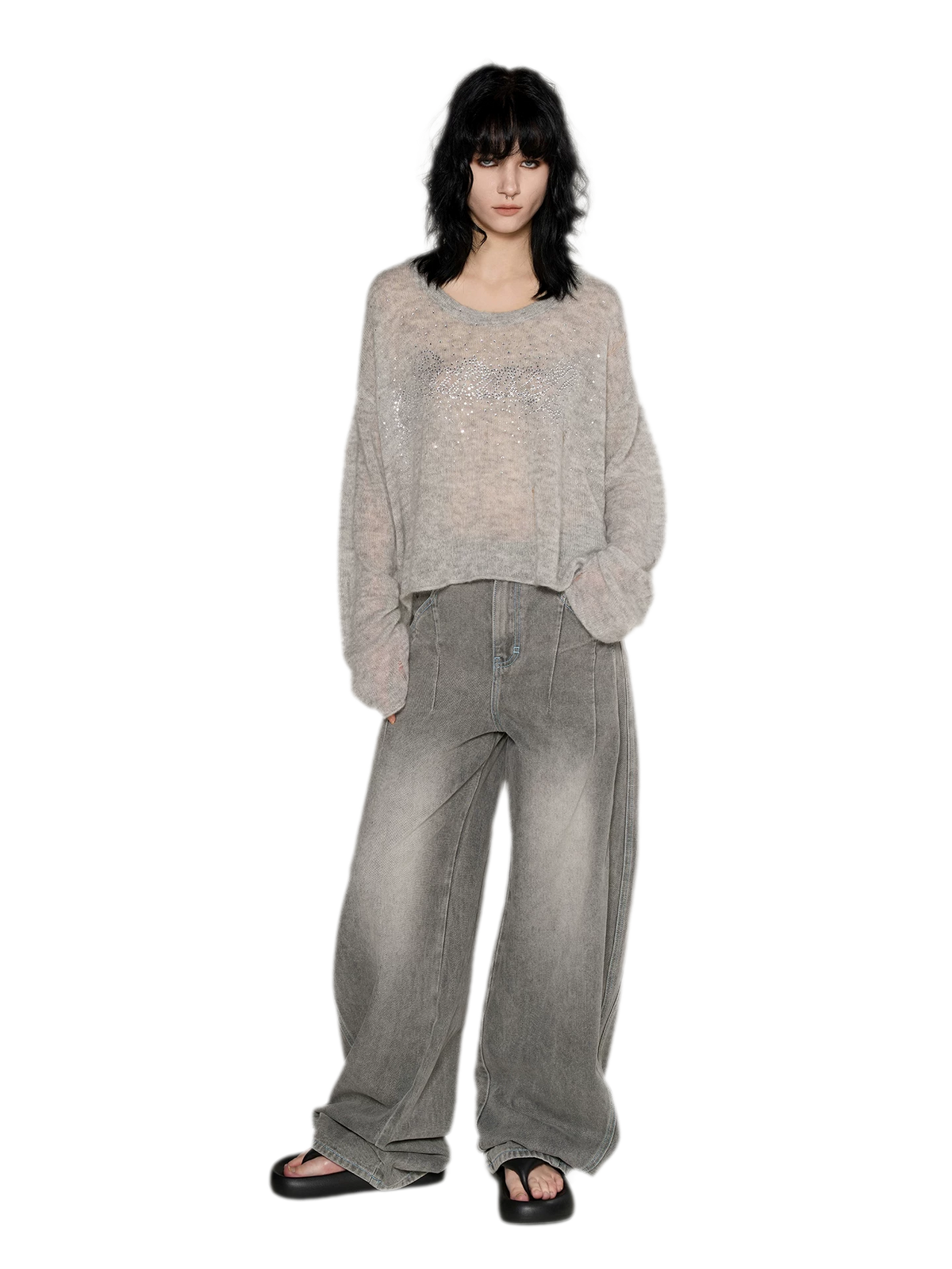 Pullover in mohair effetto consumato con strass