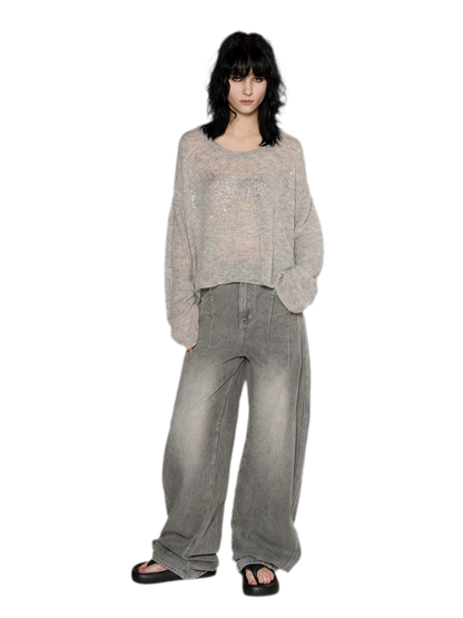 Pullover in mohair effetto consumato con strass