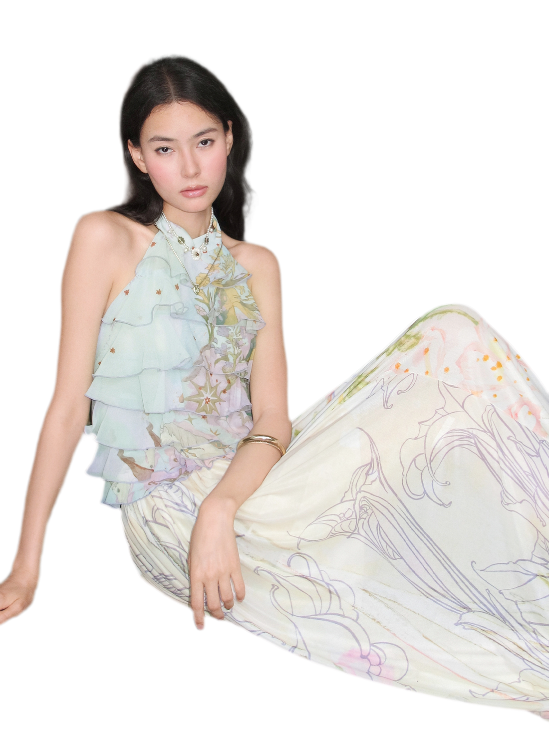Printed Halter Ruffle Chiffon Top