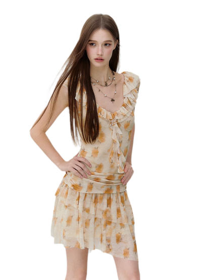 Shadow French Vintage Floral Ruffle Dress