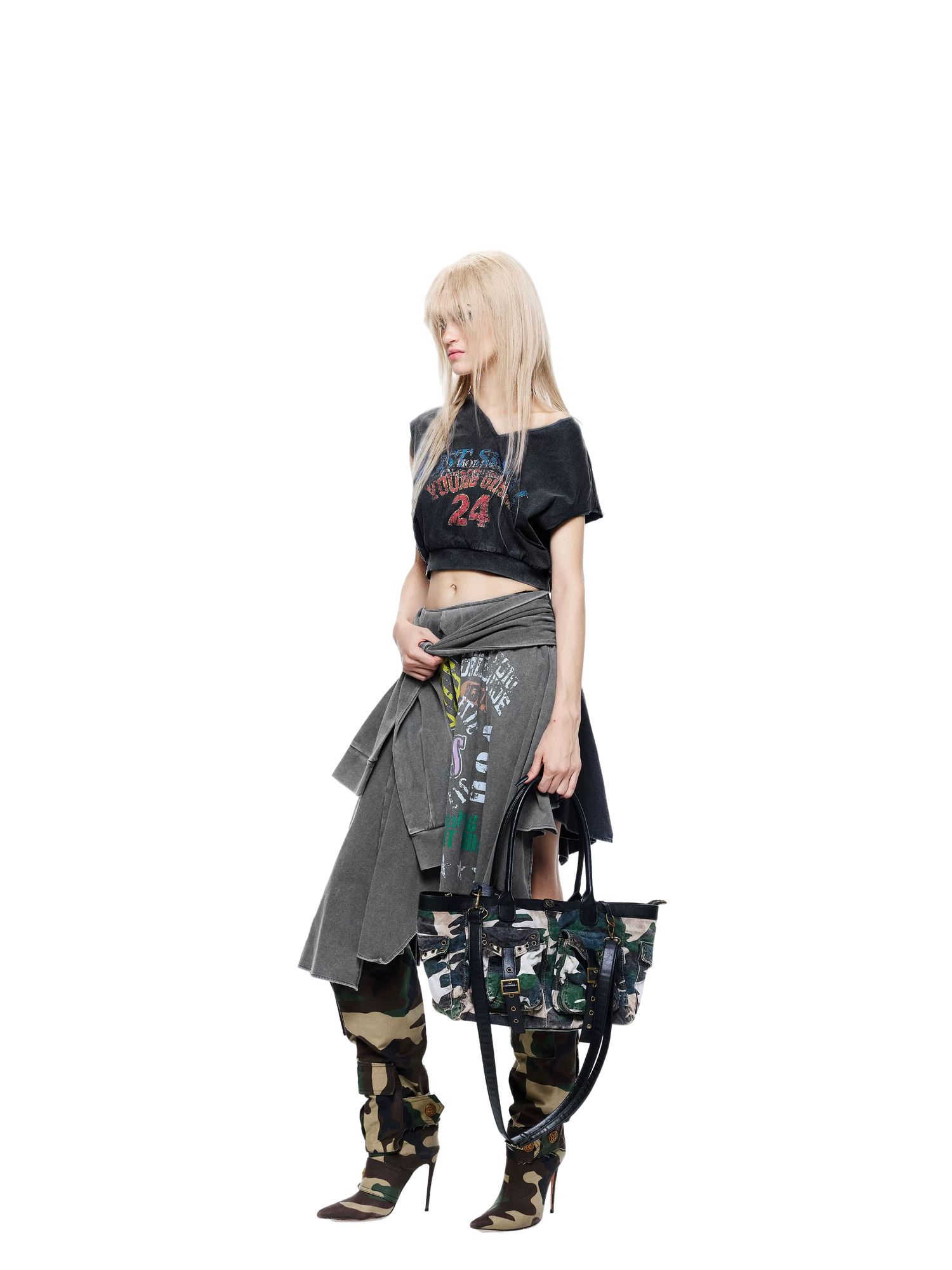 LTD Washed Blue Asymmetric Printed Skirt