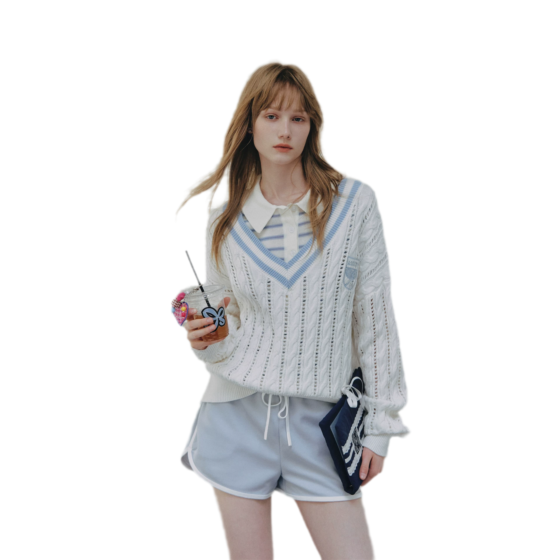 Cable Knit Cropped V-Neck Sweater