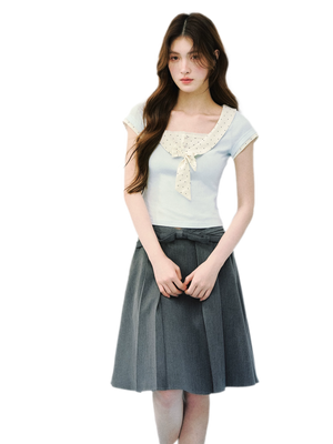 Bow Tie Floral Patchwork Short Sleeve T-Shirt