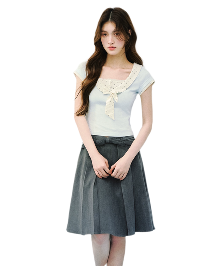 Bow Tie Floral Patchwork Short Sleeve T-Shirt