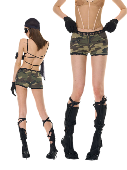 Camouflage Lace Trim Shorts