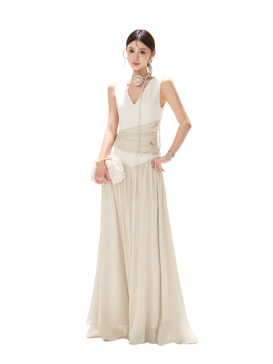 French Style Colorblock Pleated Satin V-Neck Dress