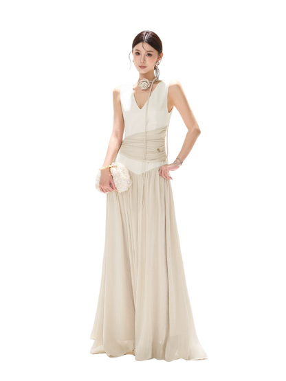 French Style Colorblock Pleated Satin V-Neck Dress