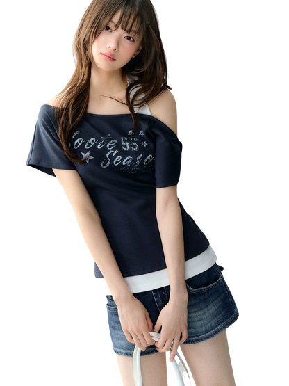 Vintage American Style Printed Off-Shoulder Cropped T-shirt