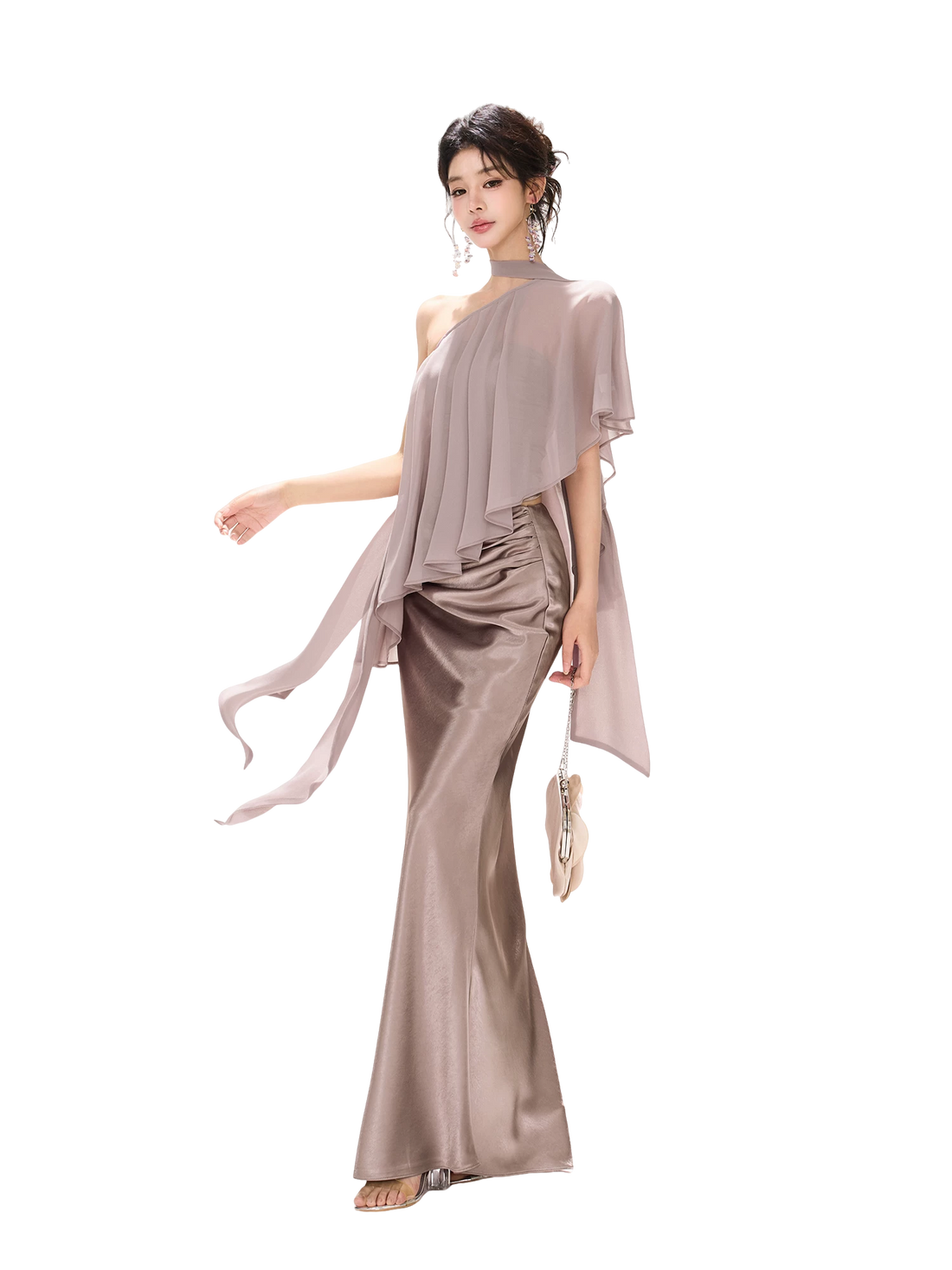 Amber Glow High-Waist Fishtail Satin Skirt