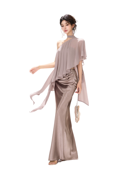 Amber Glow High-Waist Fishtail Satin Skirt