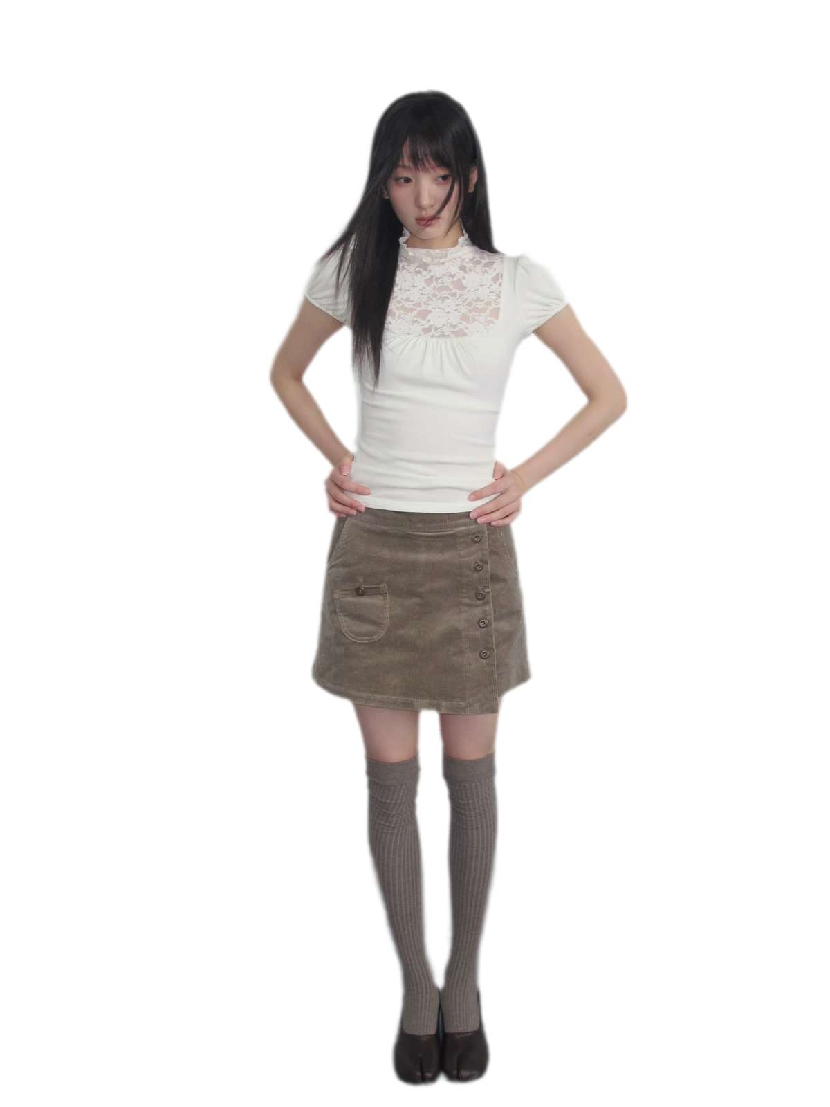 Lace Yoke Ruched Fitted Top