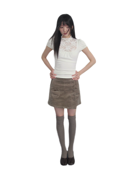 Lace Yoke Ruched Fitted Top